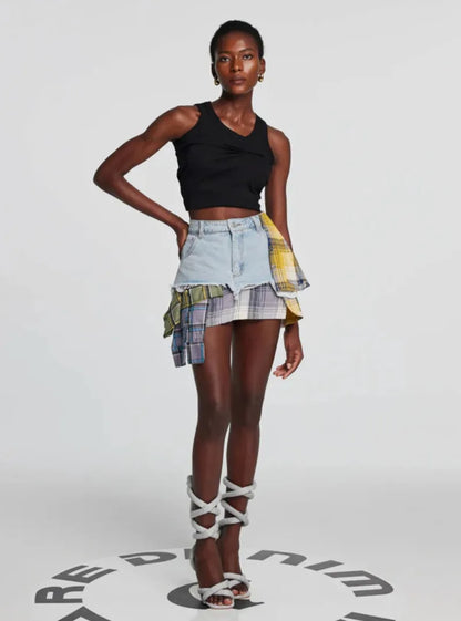 American Retro Streetwear Plaid Patchwork Skirt