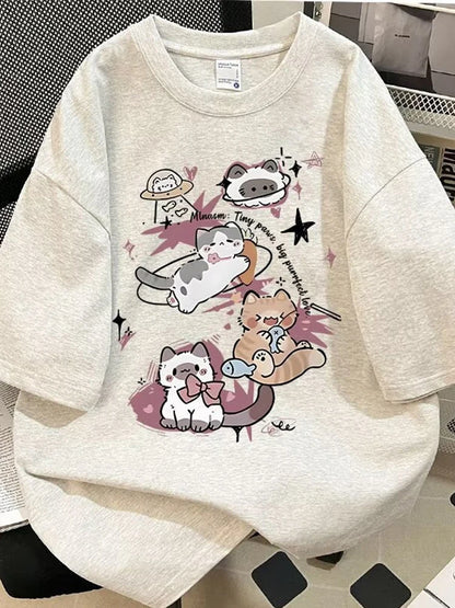 Y2K Style Anime Cat Print Tee