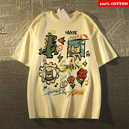 100% Cotton Cartoon Graffiti Print T-Shirt Casual