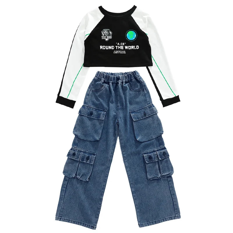 Teens Hiphop Cropped T-Shirt Jeans Streetwear Set