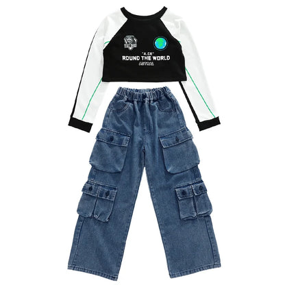 Teens Hiphop Cropped T-Shirt Jeans Streetwear Set