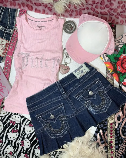 High Waisted Retro Patchwork Zipper Denim Skirt