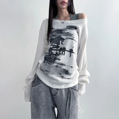 Vintage Streetwear Grunge Skew Collar Tops
