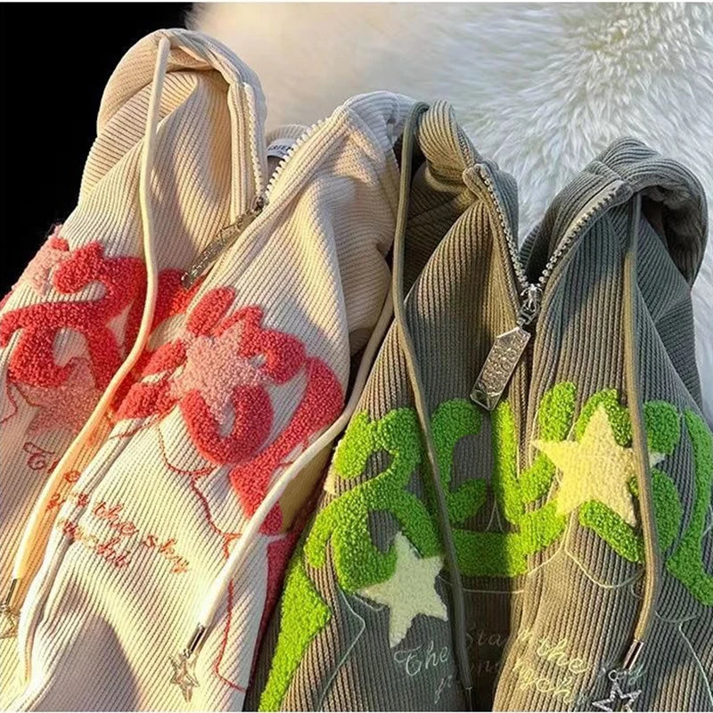 Retro Embroidered Letter Loose Hooded Sweatshirts