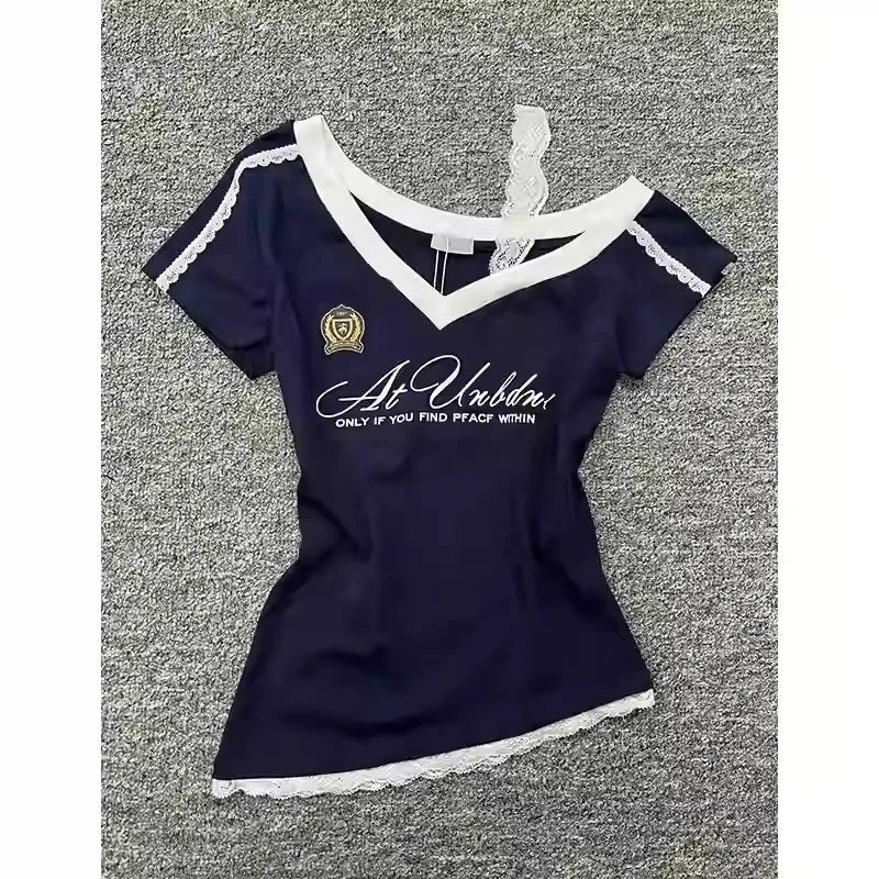 Waist Splicing Lace Strap Short Sleeve T-Shirt