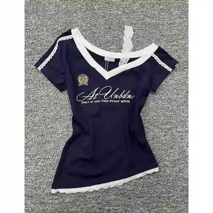 Waist Splicing Lace Strap Short Sleeve T-Shirt