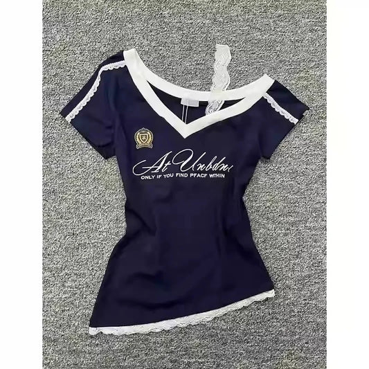 Waist Splicing Lace Strap Short Sleeve T-Shirt