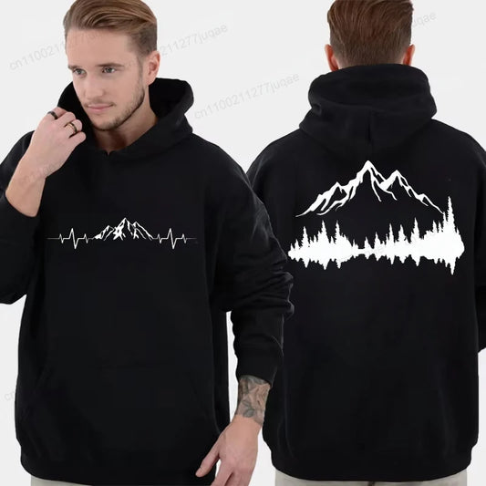 Sporty Streetwear Mountains Graphic Pullover Hoodie