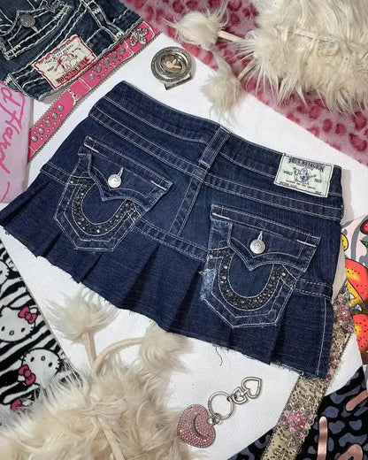 High Waisted Retro Patchwork Zipper Denim Skirt