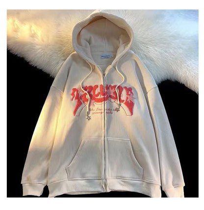 Retro Embroidered Letter Loose Hooded Sweatshirts