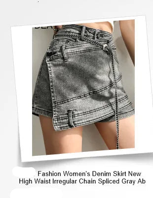 Fashion Denim Skirt Belt Waist Washed Metal Hole
