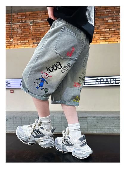 Boys Graffiti Drawing Denim Shorts Casual Ripped