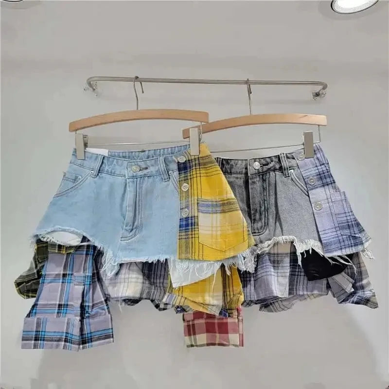 American Retro Streetwear Plaid Patchwork Skirt