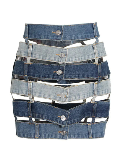 Denim Skirts High Waist Patchwork Buttons