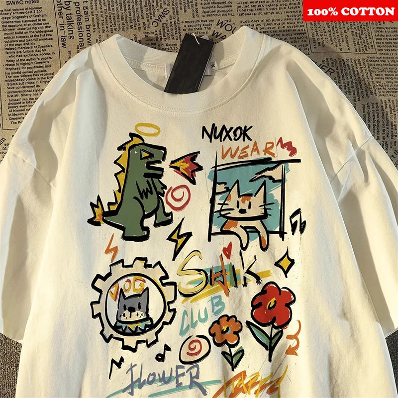 100% Cotton Cartoon Graffiti Print T-Shirt Casual