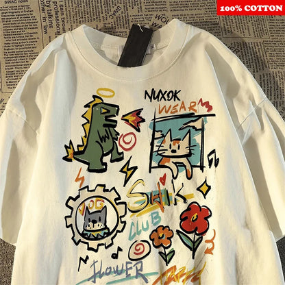 100% Cotton Cartoon Graffiti Print T-Shirt Casual