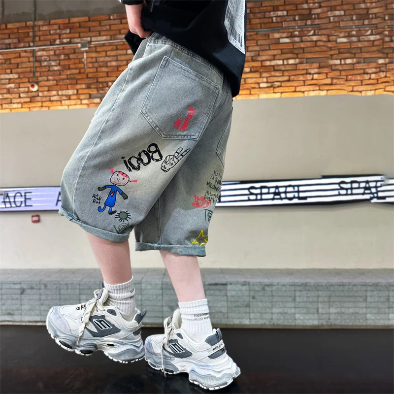 Boys Graffiti Drawing Denim Shorts Casual Ripped