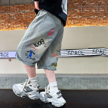 Boys Graffiti Drawing Denim Shorts Casual Ripped