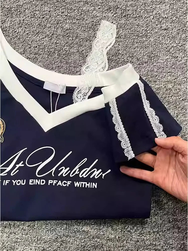 Waist Splicing Lace Strap Short Sleeve T-Shirt