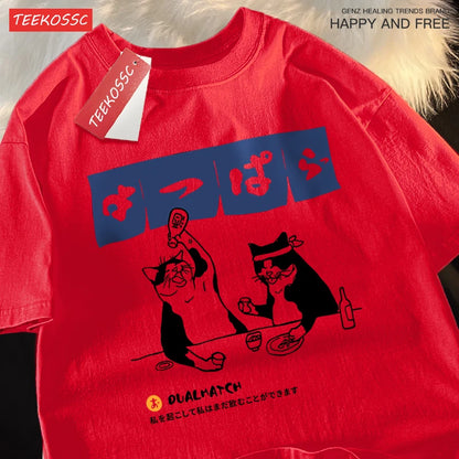 Harajuku Japanese Cat Drinking Graphic Tee