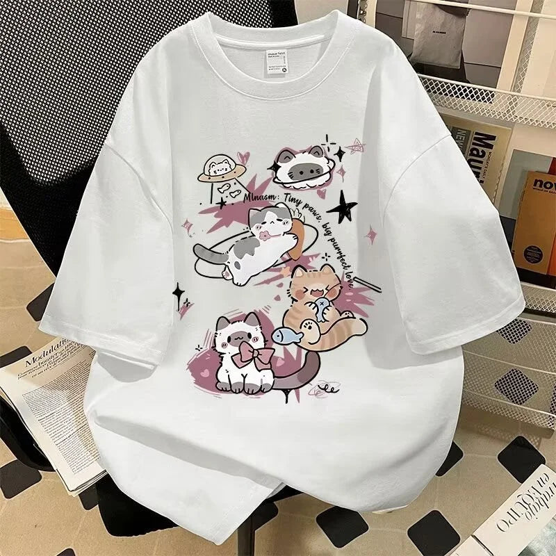 Y2K Style Anime Cat Print Tee