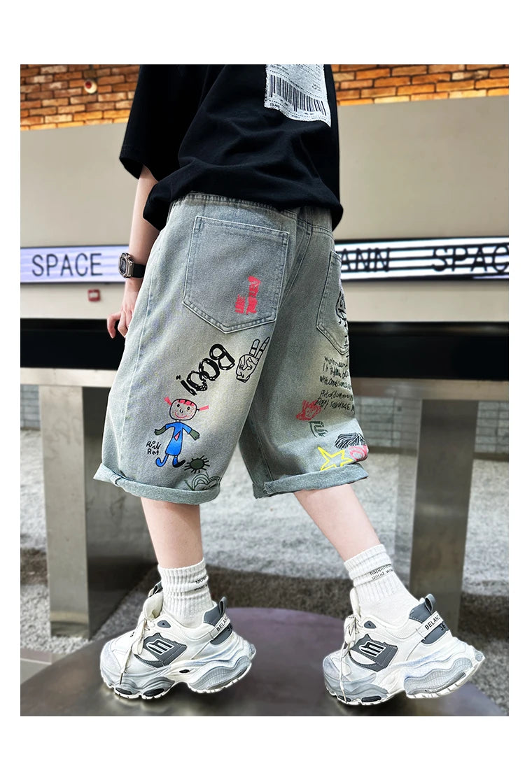 Boys Graffiti Drawing Denim Shorts Casual Ripped