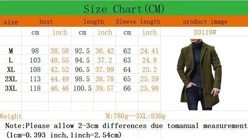 Men’s Woolen Trench Coat Winter Jacket