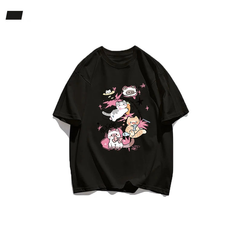 Y2K Style Anime Cat Print Tee
