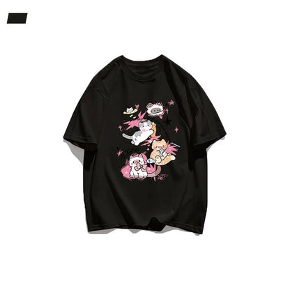 Y2K Style Anime Cat Print Tee