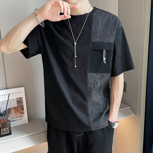 Stylish Round Neck T-Shirt Patchwork Design