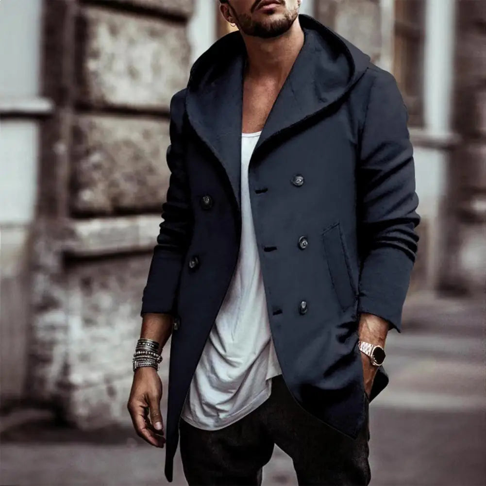 Men’s Double-Breasted Hooded Windbreaker Jacket