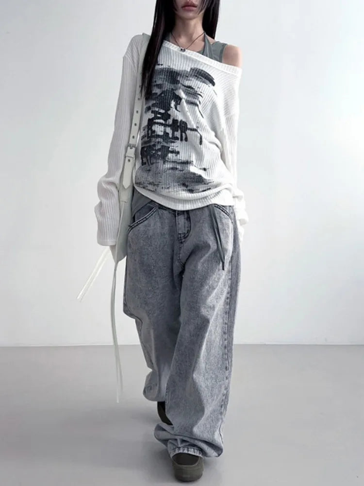 Vintage Streetwear Grunge Skew Collar Tops