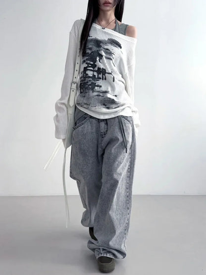 Vintage Streetwear Grunge Skew Collar Tops
