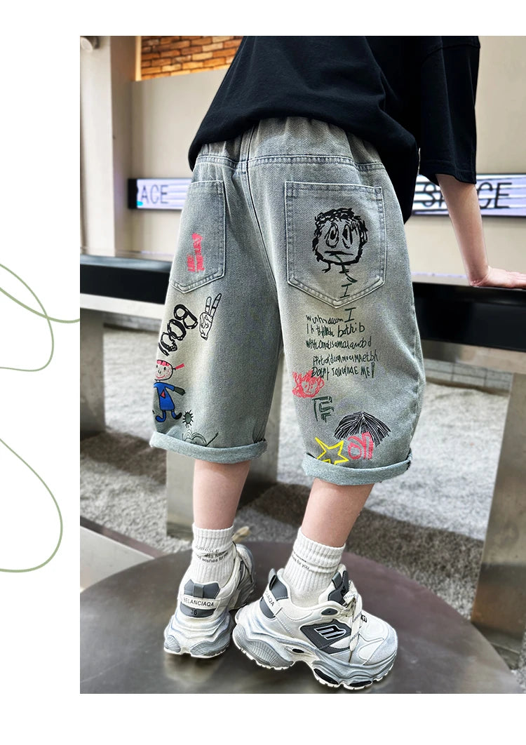 Boys Graffiti Drawing Denim Shorts Casual Ripped