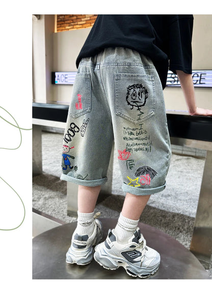 Boys Graffiti Drawing Denim Shorts Casual Ripped
