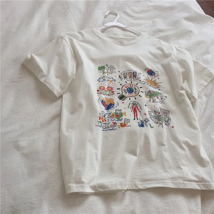 Loose Summer Cartoon Graphic Cotton Shirt
