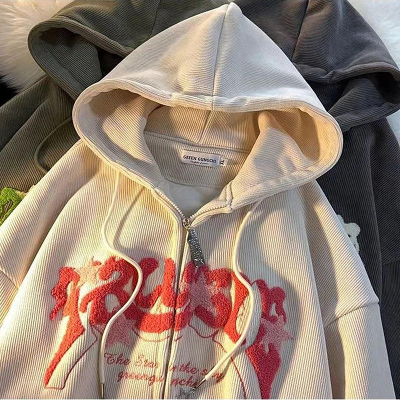 Retro Embroidered Letter Loose Hooded Sweatshirts