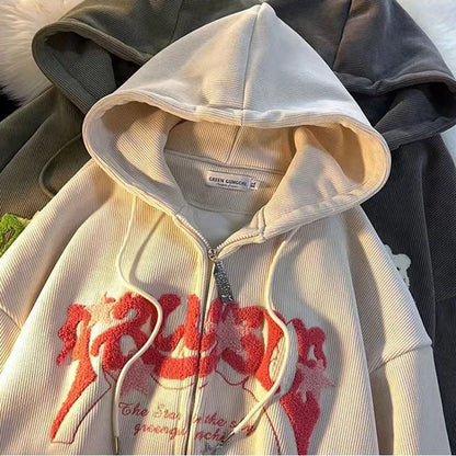 Retro Embroidered Letter Loose Hooded Sweatshirts