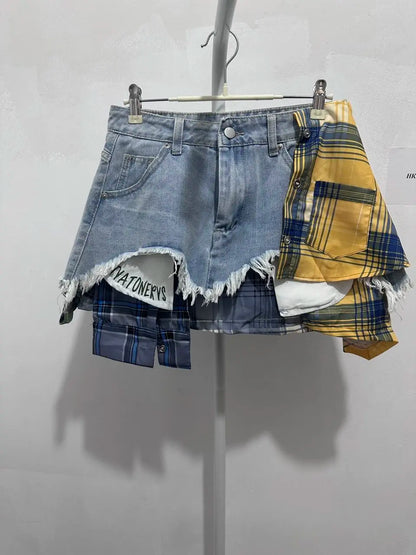 American Retro Streetwear Plaid Patchwork Skirt