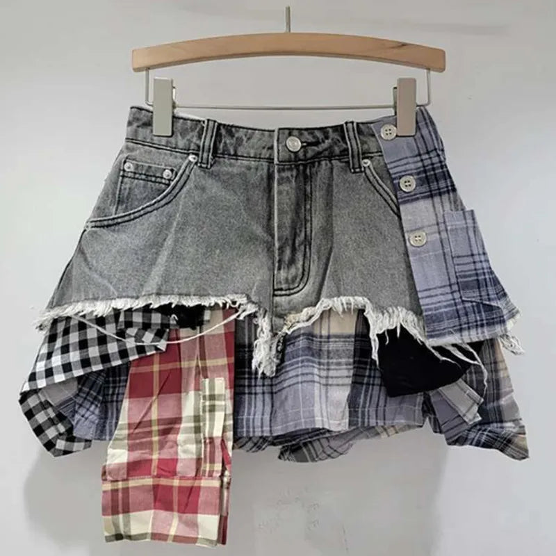 American Retro Streetwear Plaid Patchwork Skirt