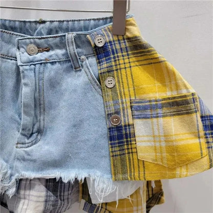 American Retro Streetwear Plaid Patchwork Skirt