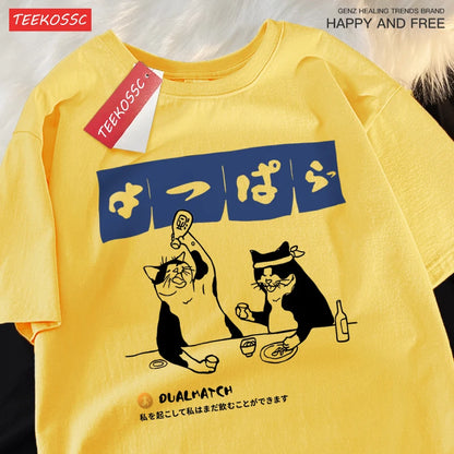 Harajuku Japanese Cat Drinking Graphic Tee