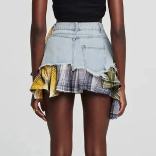 American Retro Streetwear Plaid Patchwork Skirt
