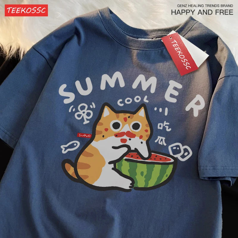 Eating Melons Cats Funny Oversized Tee