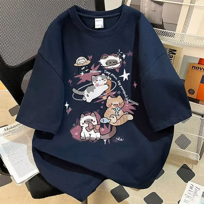 Y2K Style Anime Cat Print Tee