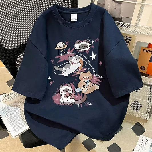 Y2K Style Anime Cat Print Tee