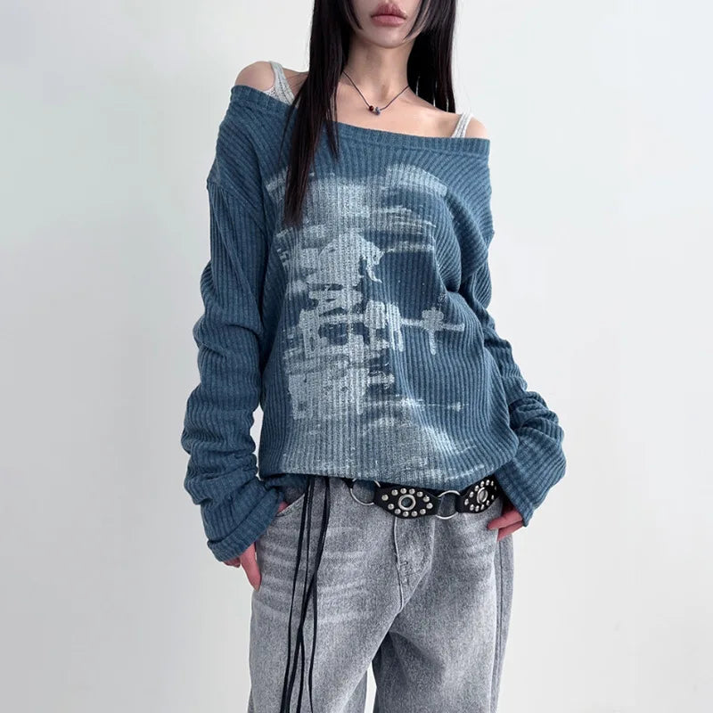 Vintage Streetwear Grunge Skew Collar Tops