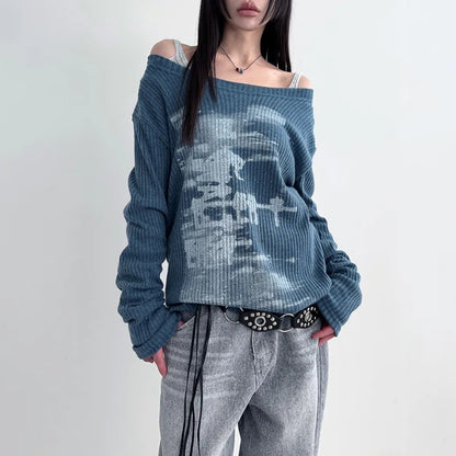 Vintage Streetwear Grunge Skew Collar Tops