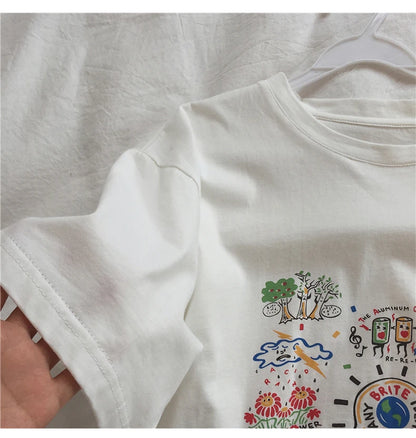 Loose Summer Cartoon Graphic Cotton Shirt