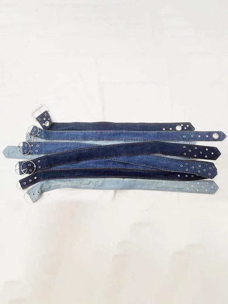 Fashion Denim Skirt Belt Waist Washed Metal Hole